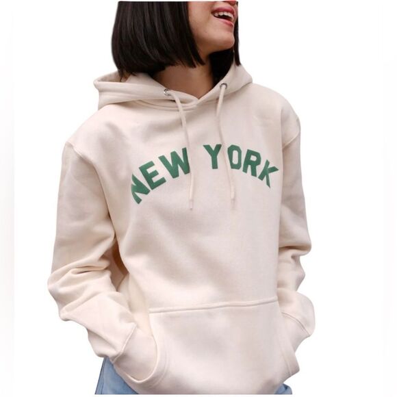 Mure + Grand New York puff Cream Hoodie with Green Print. Size Small. - Picture 2 of 8